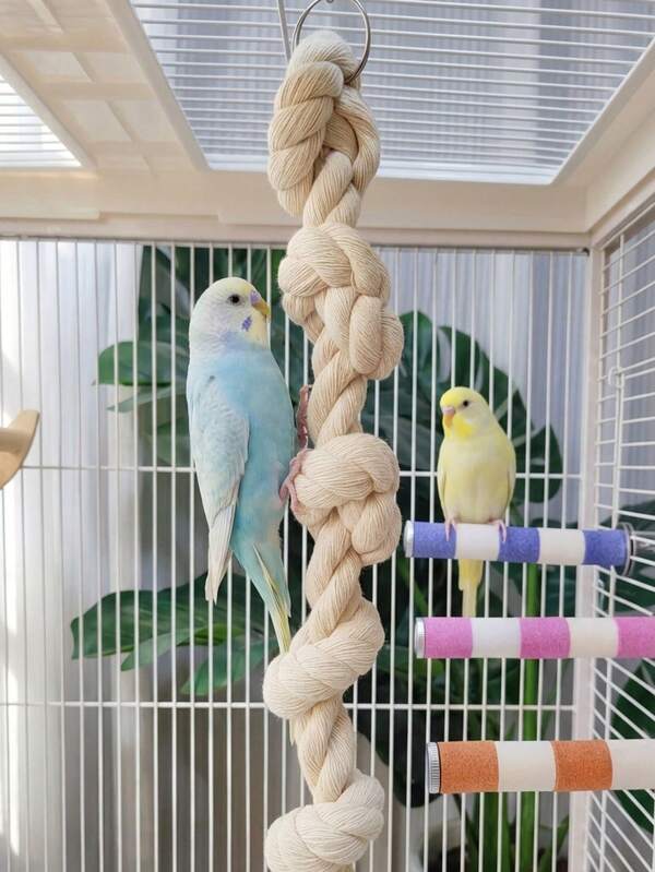 Parrot Rope Ladder Toy | Natural Cotton Rope Climbing Perch With Knots, Bird Cage Hanging Chew Toy For Budgie Cockatiel Lovebird, Beak Grinding Exercise & Entertainment Accessory