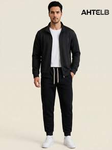AHTELB Men's Spring/Autumn Stand Collar Zip-Up Casual Sports Set, Stand Collar Jacket, Versatile Fashionable Black Outfit - Black - View 1