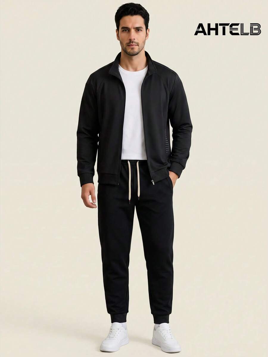 AHTELB Men's Spring/Autumn Stand Collar Zip-Up Casual Sports Set, Stand Collar Jacket, Versatile Fashionable Black Outfit - Black - View 1