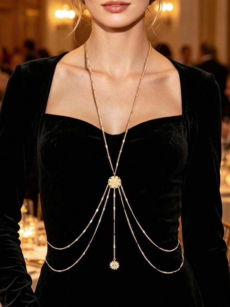 1 pieza Cadena corporal con colgante de ojo multicapa de estilo bohemio dorado para decoración corporal de fiesta para mujer - Dorado - Ver 1
