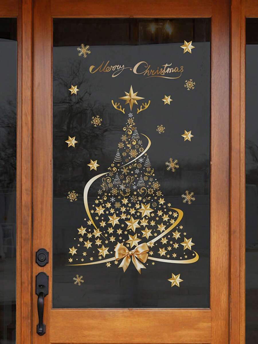 1pc Merry Christmas Oversized Gold & Silver Christmas Tree Pattern Window Cling Sticker, Reusable Glitter PVC Decal For Holiday Display, Suitable For Glass, Walls And Doors, Waterproof PVC, Cartoon Theme Glass Door Decor With Static Cling - Multi-color - View 1