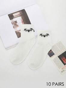 10 Pairs Women's Cute Bat Print Crew Socks, Soft Breathable White Ankle Socks, Harajuku Style Casual Sports Socks For Daily Wear - Multicolor - View 4