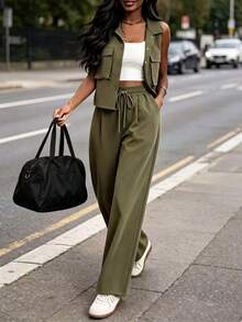 Women's 3 Pieces Vintage Military Green Utility Set, Short Sleeve Shacket, White Camisole, Spring/Autumn Elegant - Army Green - View 6