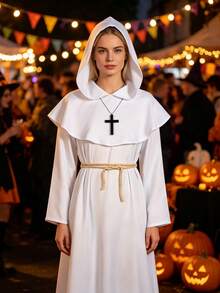 Halloween Medieval Monk Priest Costume Set, White Hooded Robe With Cross Necklace And Rope Belt, Suitable For Masquerade, Cosplay Themed Party, Holiday Gift Choice - Multicolor - View 6