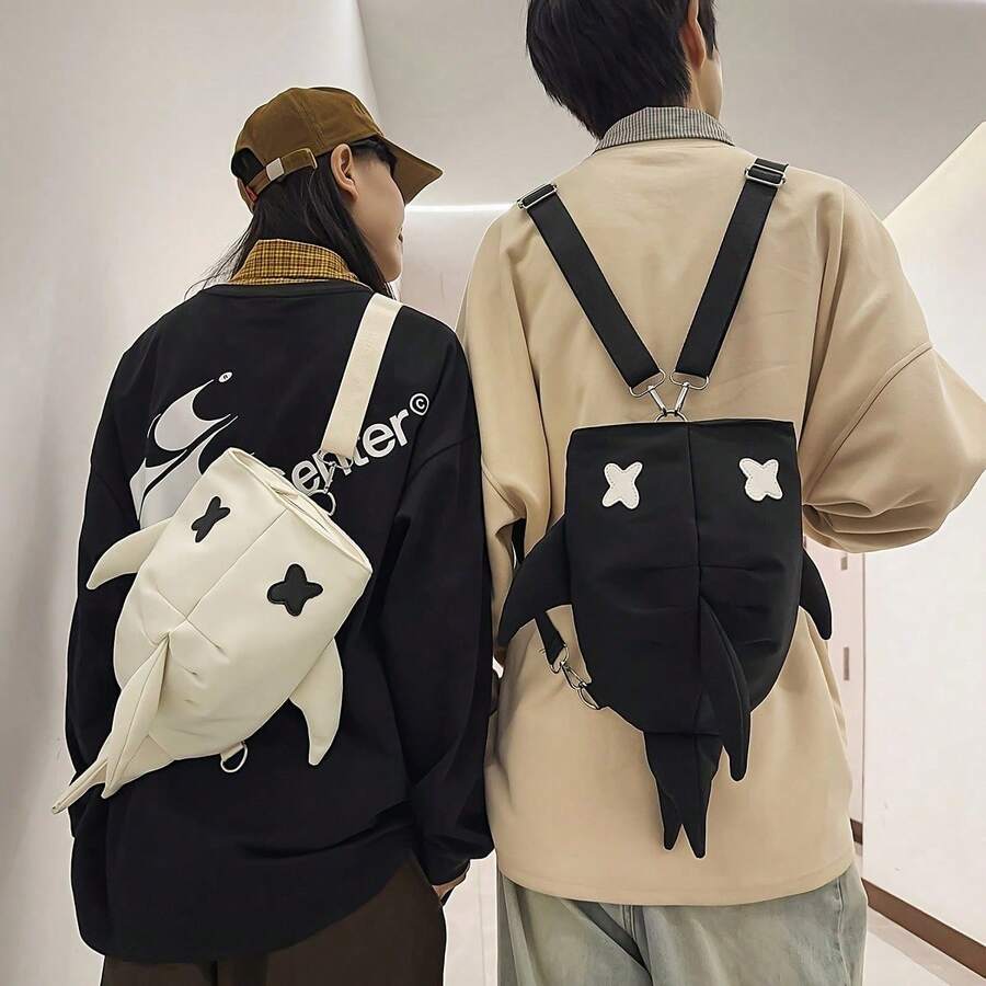 Lightweight Adjustable Strap Crossbody Storage Bag, 3D Cartoon Shark Design With Star Eye Decor, Contrast Patchwork Pattern, Casual One Shoulder Handbag, Soft Canvas Fabric, Suitable For Teen Boys And Girls, Travel School Outdoor Daily Use - View 1