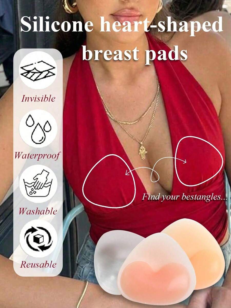 1 Pair Triangle Silicone Self-Adhesive Breast Pads, Invisible Thickened Push-Up Lining, Reusable Waterproof Lift Cup, Suitable For Bikini, Dress And Swimsuit - Multicolor - View 1