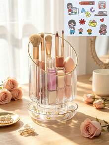 1pc/7pcs Rotating Transparent Striped Makeup Brush Holder, Gold Rim Divided Makeup Organizer, Multi-Compartment Vanity Storage Bin, Suitable For Lipstick, Eyeliner And Makeup Sponges, Fashionable Desktop Organizer For Daily Makeup Accessories - Multicolor - View 9