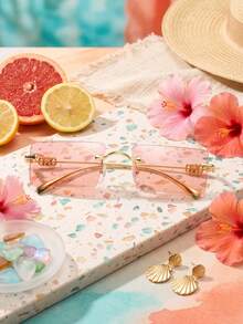 1pc Square Frameless Metal Arm Women's Fashion Prescription Glasses Party Shades Beach Accessories Halloween - Gold - View 3