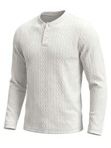 Men's Autumn Casual Solid Color Textured Jacquard Button Half-Open Henley Collar Long Sleeve T-Shirt, Suitable For Daily Commute, Travel, Long Sleeve Top - White - View 6