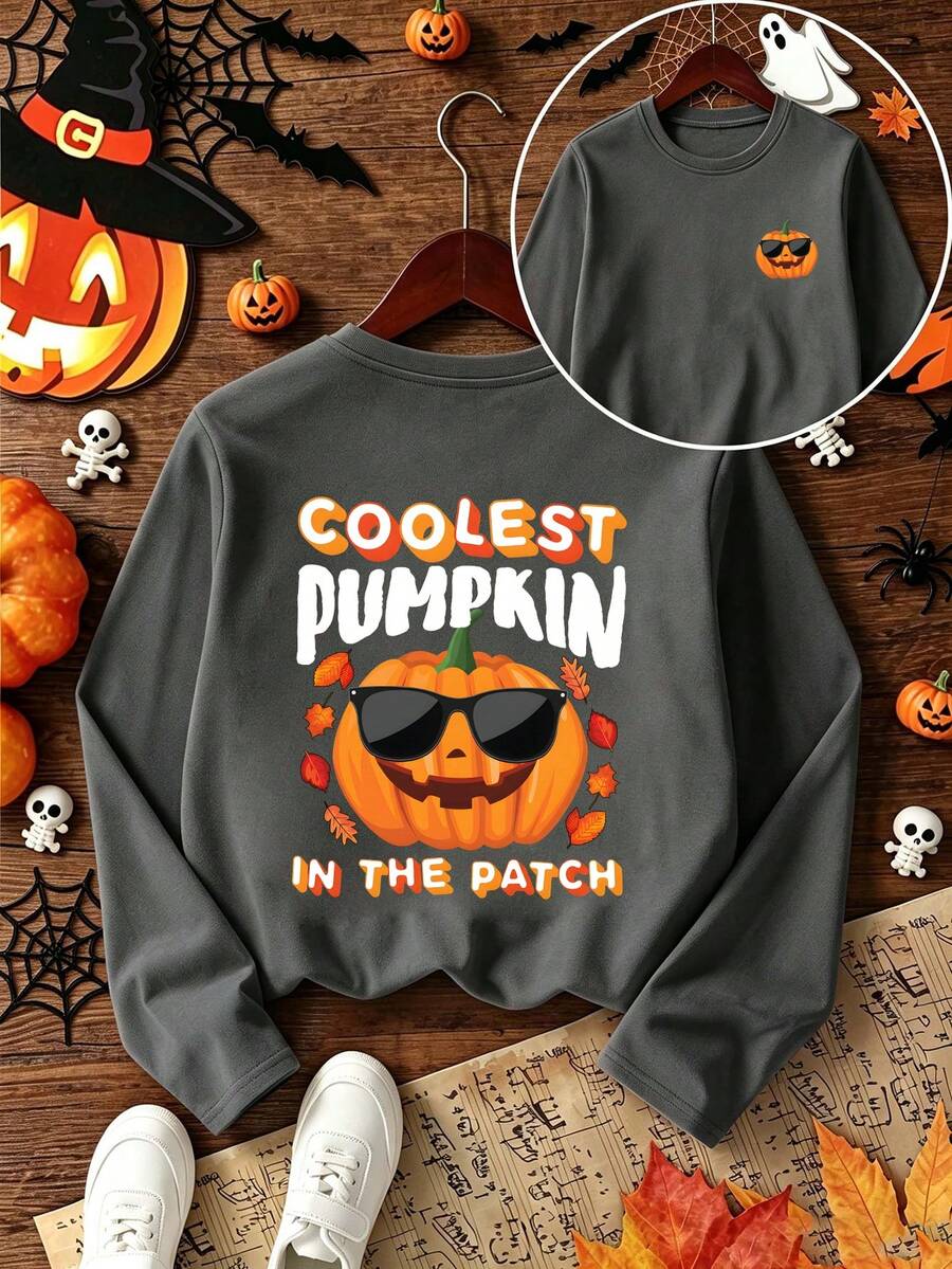 [Halloween]Tween Boy Fun Cartoon Print Long Sleeve T-Shirt, Casual ...