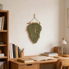1pc Macrame Wall Hanging, Handwoven Boho Style Wall Decor Tapestry, Green & Ivory Leaf & Feather Background - Multicolor - View 3