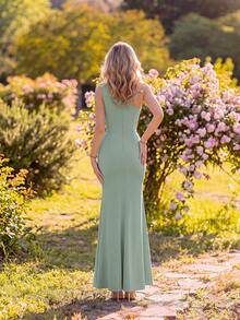 ADYCE Elegant Backless Solid Color Vintage One Shoulder Ruched Waisted High Slit Party Homecoming Bodycon Long Dress Bridesmaid Dress Wedding Dress Fall - Green - View 2