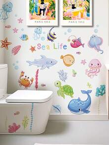 1pc Cartoon Turtle Toilet Lid Sticker, Underwater Coral Bubble Pattern, Creative Self-Adhesive Bathroom Decor Sticker, Cute Little Turtle Ocean Toilet Sticker, Underwater Background Pattern, PVC Self-Adhesive Removable Wall Sticker, Suitable For Children's Room, Bathroom Wall, Etc. - Multicolor - View 15