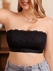 Plus Size Sexy Strapless Bandeau Bra, Comfortable Invisible No-Wire No-Padding Bra, Lace Backless Bra With Side-Boob Coverage, Anti-Sagging Lace Patchwork Bra, Minimalist Sexy Style Enhancing Bra - Black - View 6