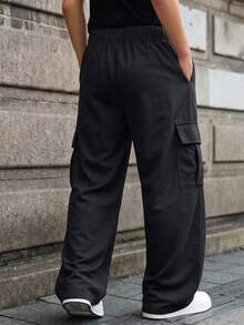 1pc Teen Boy/Teen Boys' Casual Loose Solid Color Multi-Pocket Straight Leg Cargo Pants, For Exercise & Outdoor, Spring/Summer/Autumn - Black - View 5