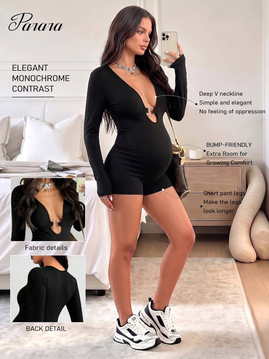 Parara Maternity Short Sleeve Jumpsuit, Tight And Comfortable Casual, All-Season Fashionable Layering, Sporty Casual Style, Suitable For Dates, Daily Wear, Home, Halloween And Other Occasions Spring Black - Black - View 1