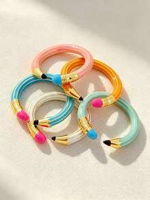 1pc Cute 3D Colorful Pencil Shape Open Adjustable Ring,Gold Tone Enamel Cartoon Writing Pencil Design Finger Ring,For Women Teen Girls Daily Gift - Multicolor - View 3