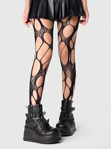Grunge Punk 1Pair Dark Punk Coffee Ripped Asymmetric Ripped Fishing Net Socks - Multicolor - View 4