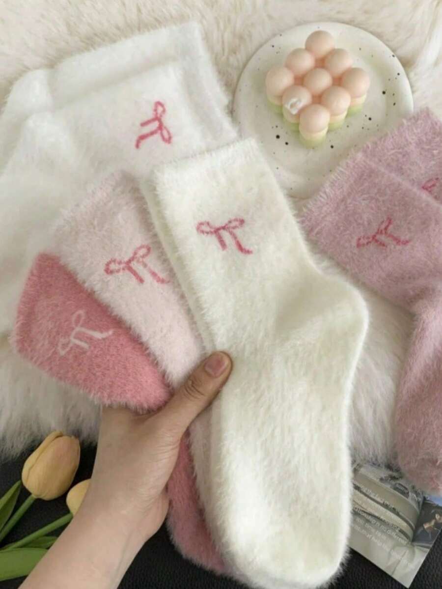 5 Pairs Bow Pattern Plush Over-The-Knee Socks For Women, Warm And Soft, Suitable For Autumn/Winter, Also An Ideal Gift - Bow - View 1