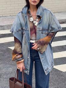 Fashionable Versatile Loose Turndown Collar Denim Jacket, Unique Design Short Sleeve Denim Jacket For Commuting Casual Summer - Light Wash - View 6