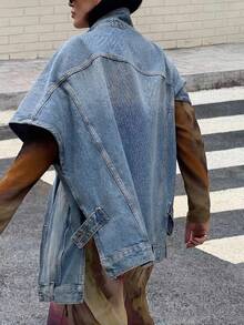 Fashionable Versatile Loose Turndown Collar Denim Jacket, Unique Design Short Sleeve Denim Jacket For Commuting Casual Summer - Light Wash - View 3