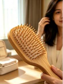 1pc Natural Bamboo Anti-Static Hair Comb, Scalp Massage Cushion Brush, Detangling Styling Tool, Bamboo Scalp Massage Comb, Anti-Static, Smooth Hair Brush, Portable For Home And Travel, Suitable For All Hair Types - Multicolor - View 8