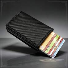 Men's PU Leather Wallet & Key Holder, Black Minimalist Business Wallet Set, Multi-Function Card Slots & Coin Storage, Fashionable Portable Men's Gift, Perfect Gift For Father, Boyfriend, Husband, RFID Anti-Theft Carbon Fiber Pop-Up Card Holder (Gift Box Not Included) - Black - View 10
