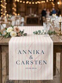 Custom Wedding Table Runner, Personalized Reception Decor With Pink Stripe Monogram Design - Multicolor - View 4
