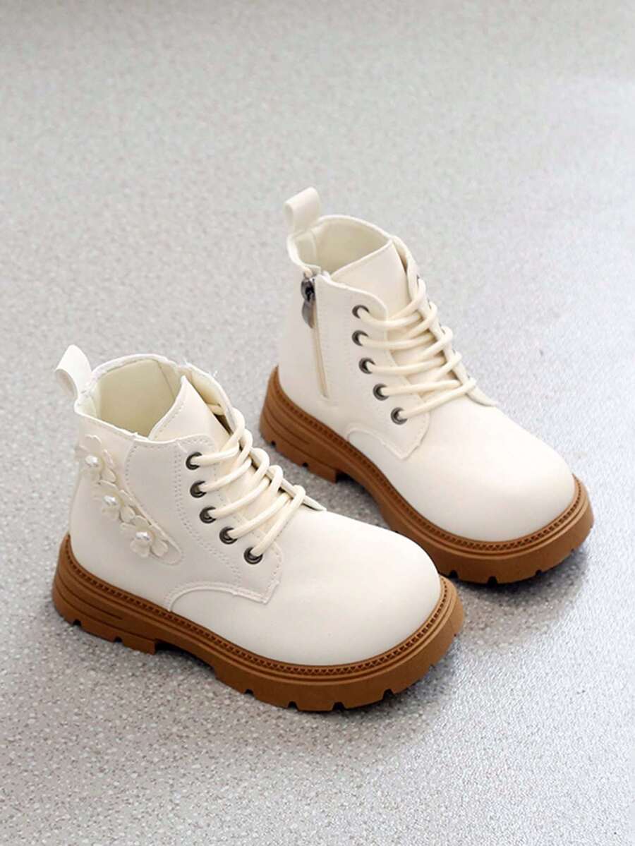 1 Pair Girls' Flower & Pearl Decor Boots, Side Zipper Thick Sole Ankle Boots, Versatile British Style Casual Boots For Kids - Beige - View 1