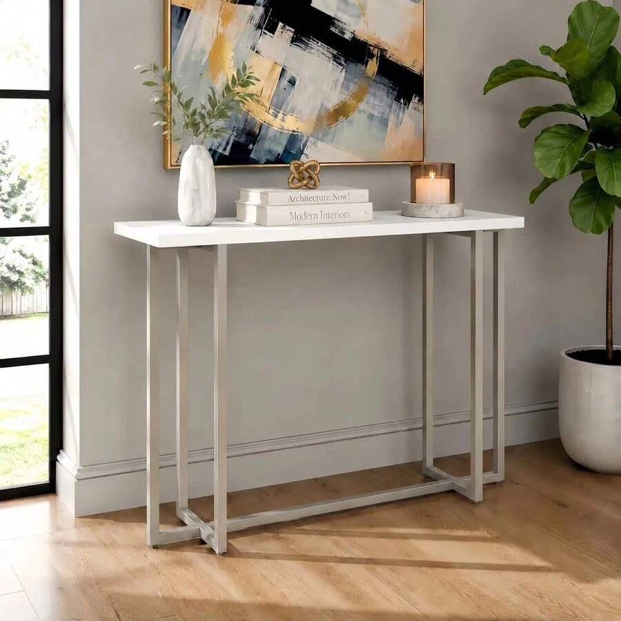 Aparador De Sala Buffet Industrial Mesa Lateral Moderno Catinho Do café Pés Aço Champanhe Cinza 90cm - Branco - Visão 1