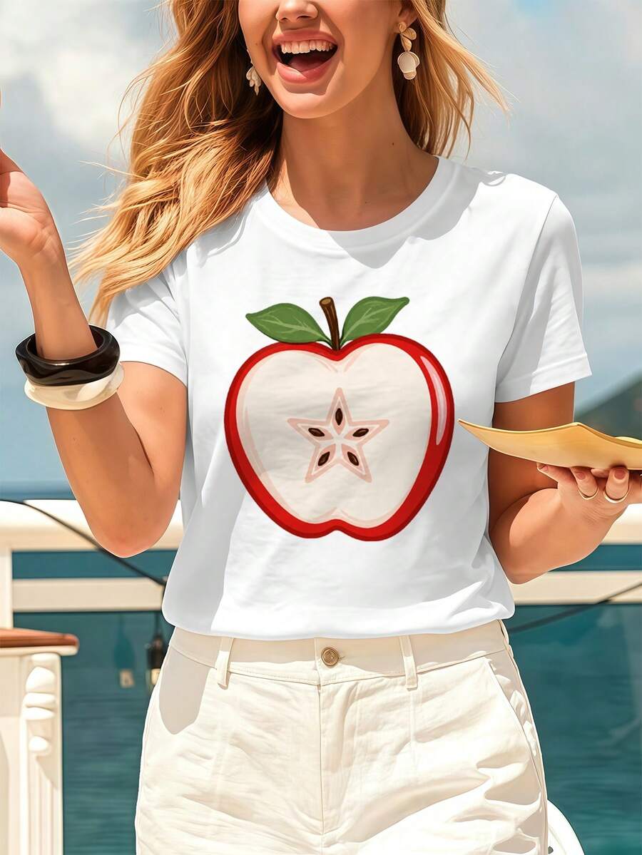 Women's Apple Graphic T-Shirt, Soft Cotton, Relaxed Fit, Hip Hop Street Style, Comfortable, Art Print - White - View 1