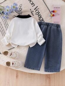 Baby Girl 2pcs Set, Contrast Color Lapel Button Bow Ribbed Long Sleeve Pullover Top + Letter Distressed Butterfly Print Denim Pants - White - View 3