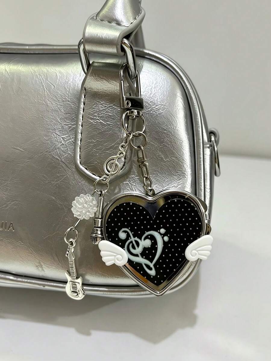1pc Korean Vintage Heart With Small Wings Mirror Bag Charm, Ins Style Musical Note Guitar Pendant, Portable Heart-Shaped Small Mirror Keychain - Multicolor - View 1