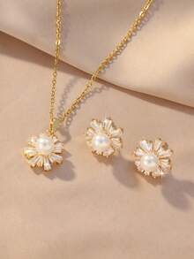 3pcs/Set Gentle Gradient Cubic Zirconia Surrounded Faux Pearl Sunflower Pendant Necklace & Earrings Set, Suitable For Women's Daily Commute Wear - Sunflower Set - View 6