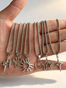6pcs/Set Vintage Gothic Hip Hop Star Flame Spiral Sun Heart Pendant Stainless Steel Chain Necklace Set, 6pcs Mixed Baroque Pendant Necklaces - Silver - View 8