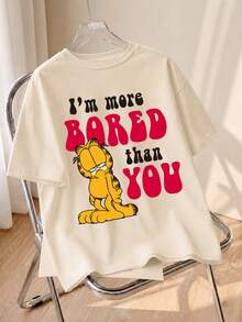 SHEIN | Garfield 女款米色圓領T恤，憤怒卡通與標語印花，寬鬆短袖，適合夏季日常街頭休閒穿著 - 杏色 - 查看 1