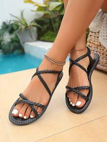 New Women's White Flat Sandals With Woven Straps, Cross-Over Open Toe, Square Toe, Comfortable Design, Bohemian Style For Beach And Vacation - Black - View 3