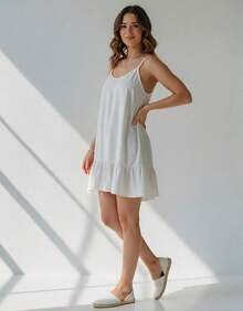 Vestido Curto Com Babado E Alças Finas - Branco - Visão 2