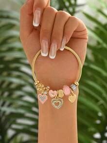 1 Peça Pulseira de Aço Inoxidável com Pingente de Múltiplos Elementos Fofa e Fashion para Mulheres, Adequada para Uso em Férias - Dourado - Visão 1