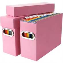 File Organizer Box With Lid And Handle, Thickened Cardboard Hanging File Folder Storage Boxes For Letter Size, Portable Filing Organizer For Office, Home, Classroom - Pink - View 8