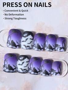 24pcs Short Square Crow Bat Dead Tree Branch Gradient Press-On Nails, Halloween Gothic Style Festival Nail Art - Multicolor - View 2