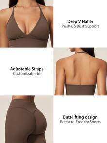 TimeOff 女款純色深V掛脖背心上衣（可調肩帶）搭配高腰緊身褲套裝 - 棕色 - 查看 4