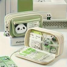 Large Capacity Multi-Layer Canvas Pencil Case Set, Panda Stationery Set - Panda - School Supplies - Includes 1 Panda Brooch, 5 Stickers, Daily School Desk Stationery Storage, Multi-Compartment Storage Box Pencil Case - Back To School, School Season, Graduation Season Gift - A - View 3