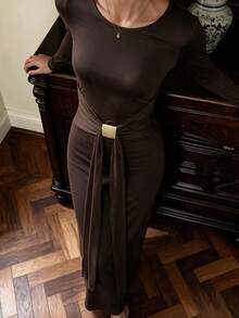 Sookaug Sexy Fitted Waist-Defining Pendant Long Sleeve Knit Maxi Dress With Open Back And Ruched Bodycon Design, 2026 New Arrival - Brown - View 8