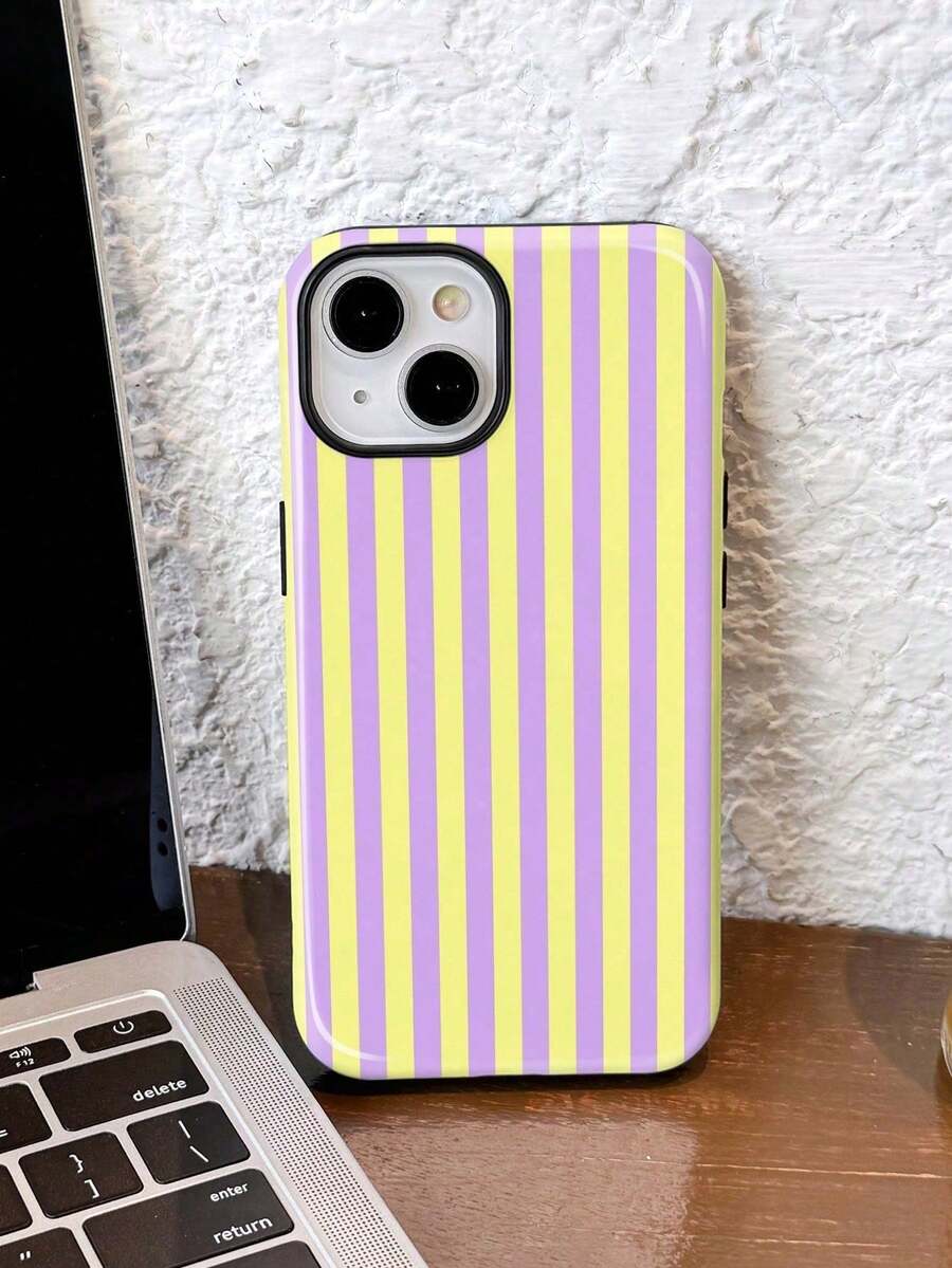 1 Piece Of Simple Artistic Style Colorful Striped Pattern Glossy Two-In-One Protective Case, Full-Cover Hard Phone Case, Compatible With Samsung/Compatible With 11/12/IPhone13/14/15/IPhone16/IPhone17 Pro Max - 白色14 - 查看 1