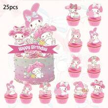 SANRIO Set Dekorasi Ulang Tahun Kelinci Pita Merah Muda Lembut, Termasuk Spanduk Huruf SELAMAT ULANG TAHUN, Hiasan Kue Besar, Beberapa Hiasan Cupcake, Dekorasi Meja Hidangan Penutup Pesta Ulang Tahun Anak Perempuan Gaya Manis dan Feminin - View 13