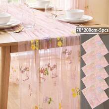 5pcs Pink Floral Gauze Table Runner 10ft Embroidery Tulle Spring Wildflower | Table Linen Seasonal Summer Butterfly Kitchen Dining Sheer Fabrics For Wedding Baby Shower Birthday Party Decoration - View 13