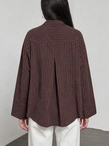 Women's Autumn Fashion Striped Stand Collar Long Sleeve Shirt, Button Front With Pocket, Loose Polyester Blouse - Coffee Brown - View 2