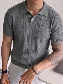 Men's Unisex Polo Collar Knit Top, Casual Business Commute Loose Fit Short Sleeve Pullover T-Shirt, Spring/Summer - Dark Grey - View 2