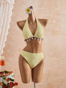 Set Bikini 3 Potong Wanita Warna Kuning Murni dengan Leher Halter, Rok Berpotongan Rumbai Motif Bintang Laut dan Cangkang dengan Tali Serut, Kain Bertekstur, Cocok untuk Liburan Pantai dan Perjalanan Musim Panas - Kuning muda - View 11